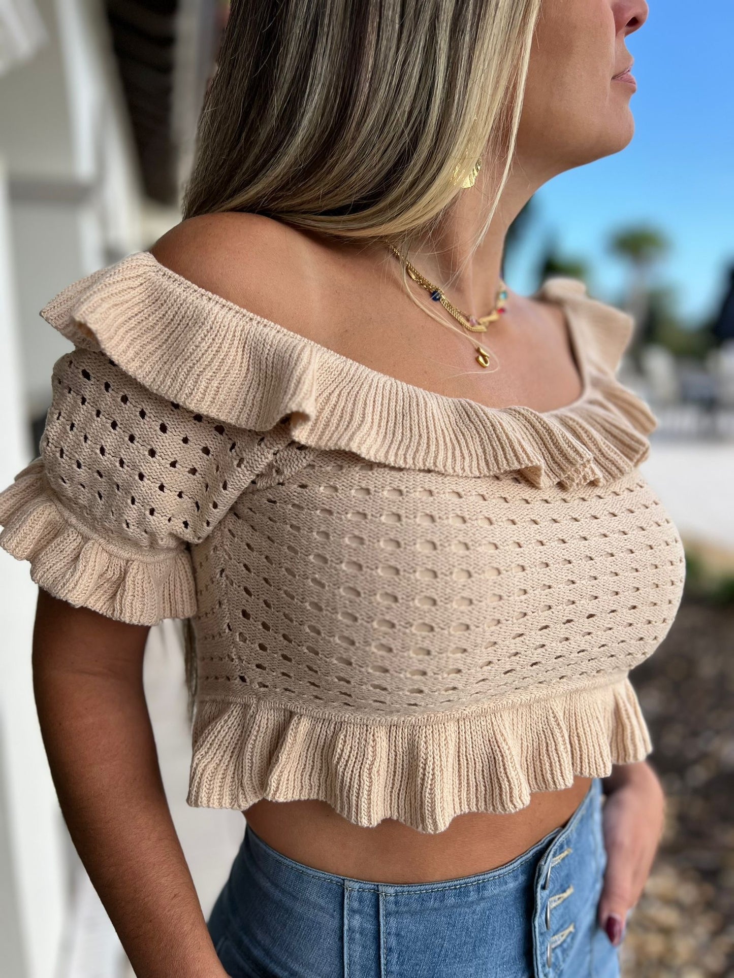 Ruffled Pointelle Off Shoulder Sweater Top