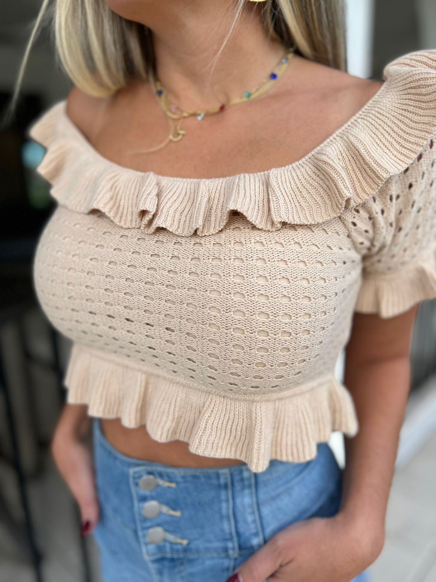 Ruffled Pointelle Off Shoulder Sweater Top