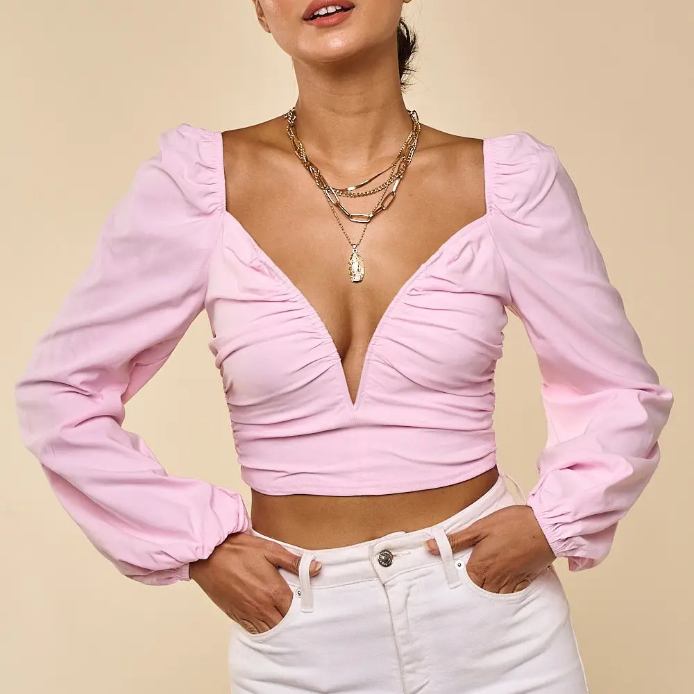 Wire Detail Ruched Long Sleeeve Crop Top