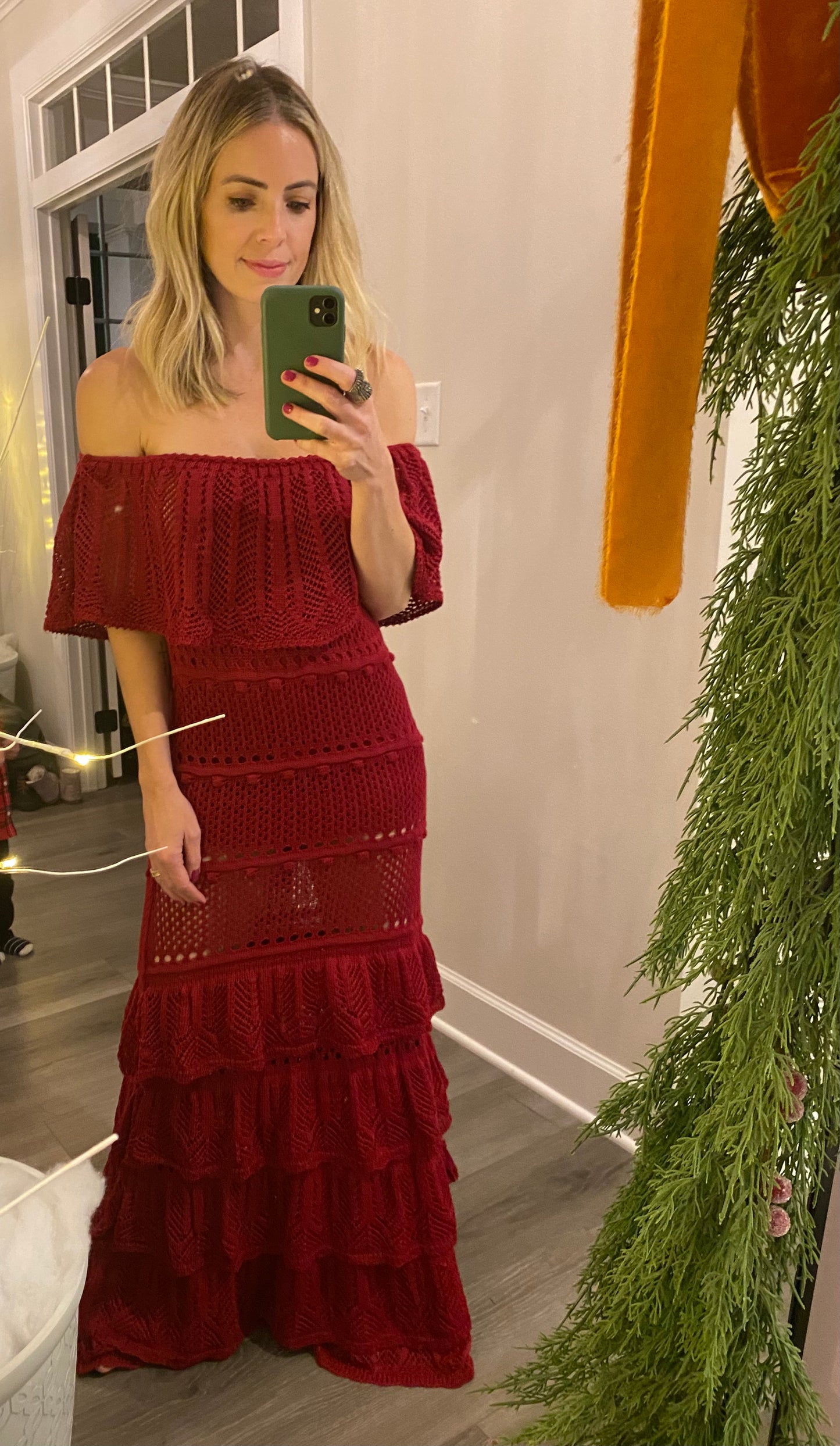 Mykonos Crochet Knit Maxi Dress in Red