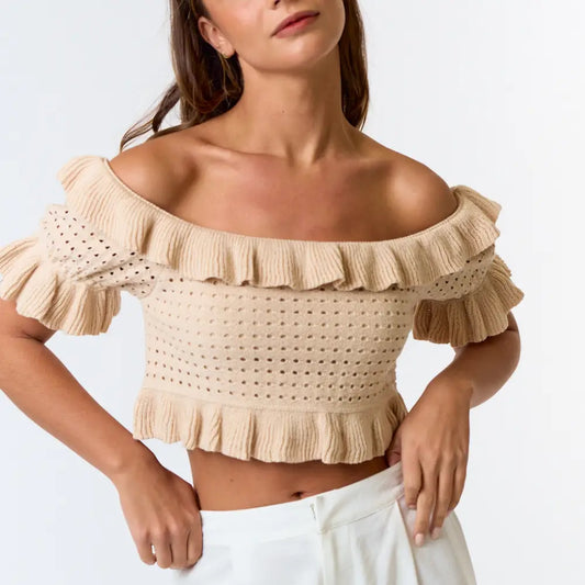 Ruffled Pointelle Off Shoulder Sweater Top