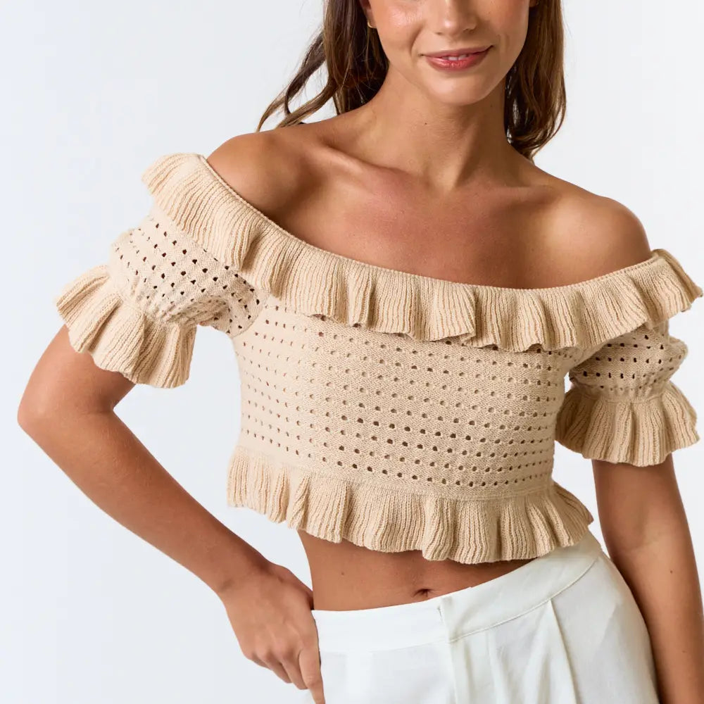 Ruffled Pointelle Off Shoulder Sweater Top