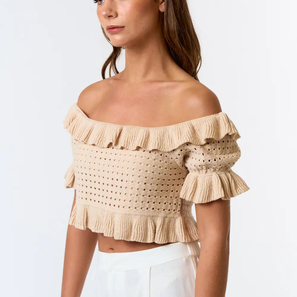 Ruffled Pointelle Off Shoulder Sweater Top