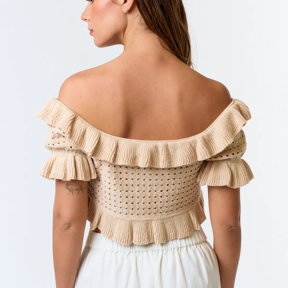 Ruffled Pointelle Off Shoulder Sweater Top