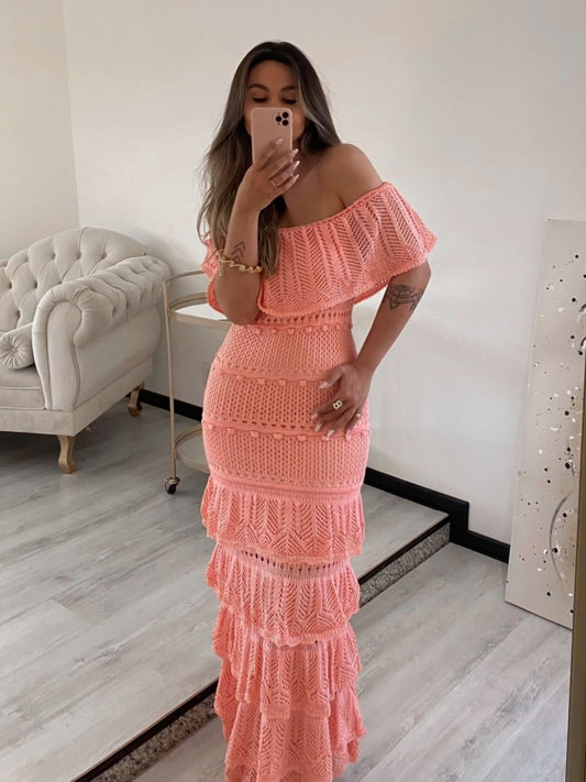 Mykonos Crochet Knit Maxi Dress in Orange