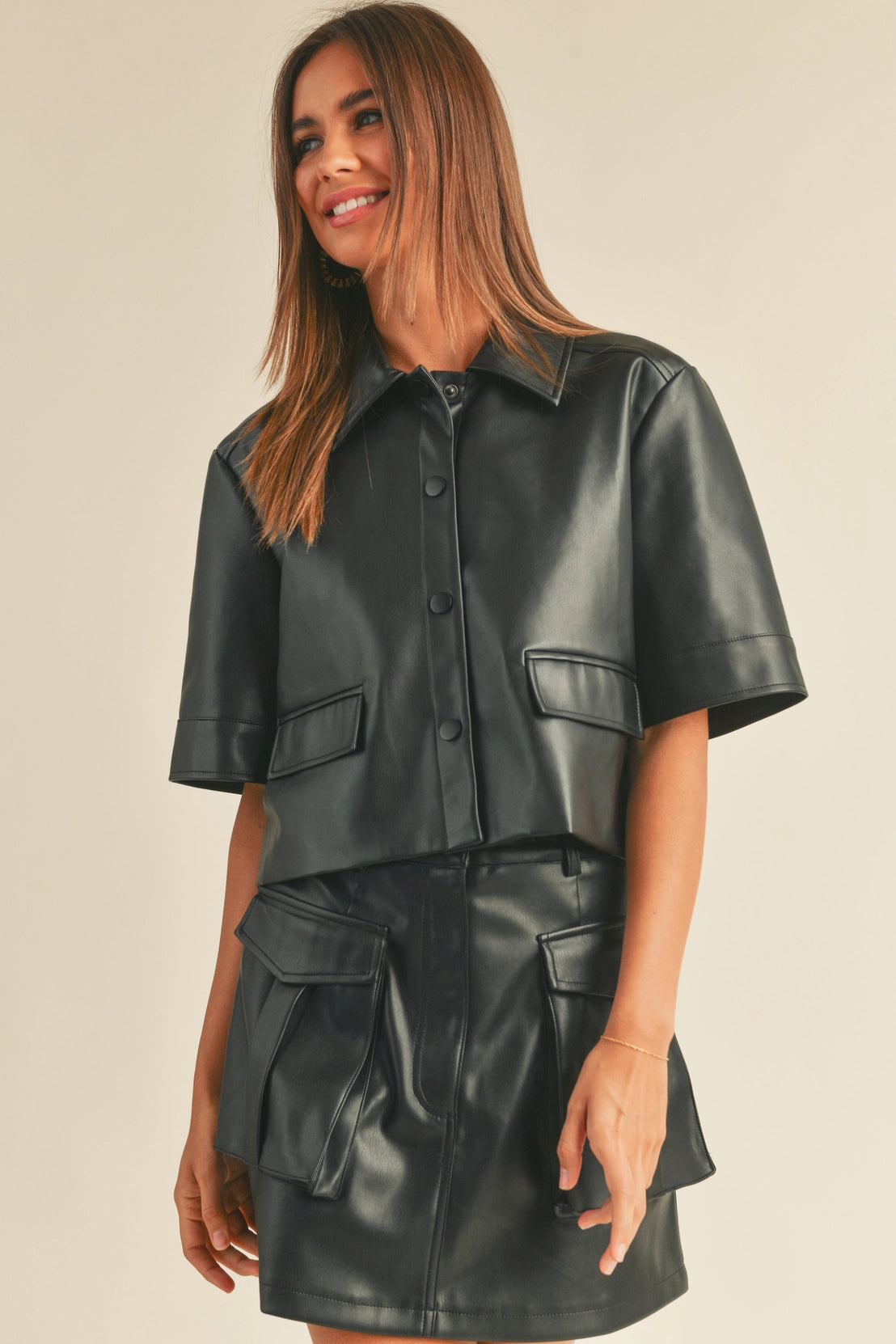 Faux Leather Short Sleeve Jacket